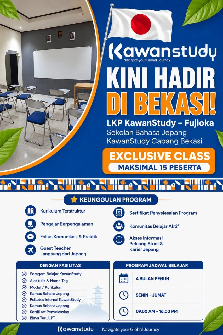 Brosur LKP KawanStudy – Fujioka: kelas eksklusif bahasa Jepang di Bekasi, Senin–Jumat 09.00–16.00, 4 bulan penuh